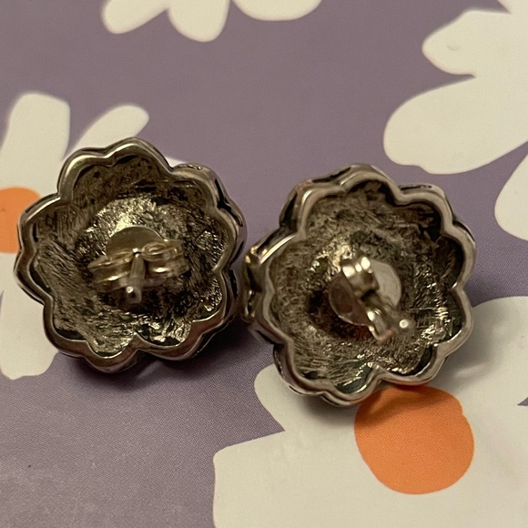Vintage Flower Marcasite Faux Pearl Silver Stud Earrings - Picture 2 of 5